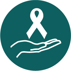 A teal icon of a hand with a cancer awareness ribbon above it.