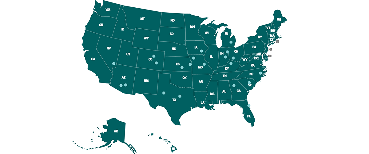 Teal colored map of the United States with light blue dots specifying where MedMutual Protect has physical office locations.